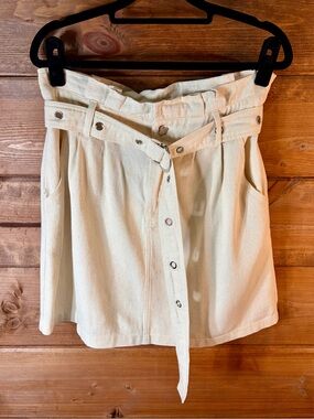 High-Waist 100% Cotton Cream Button-Front Denim Mini Skirt With Belt Medium
